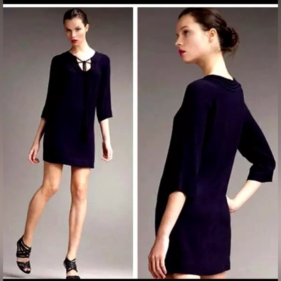 Diane Von Furstenburg Navy 3/4 Sleeve Short Dress Front Ties Small H11 - Picture 1 of 7
